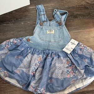 OshKosh B'gosh Blue Denim Bib Dress with Floral Skirt